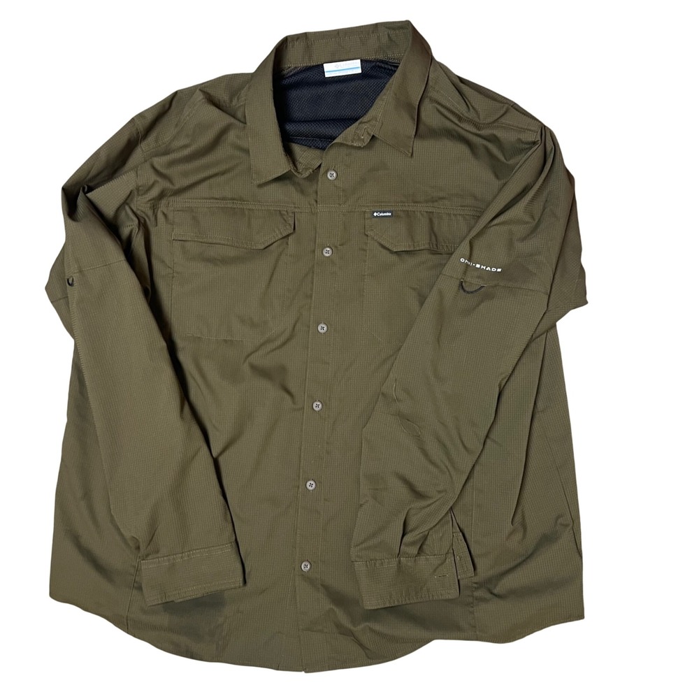 Columbia Mens XXL Omni-Shade Ripstop Hiking Shirt Olive Green AM1568 Long Sleeve